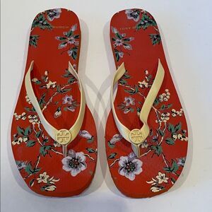 Tory Burch Red Floral Sandals with Yellow Straps